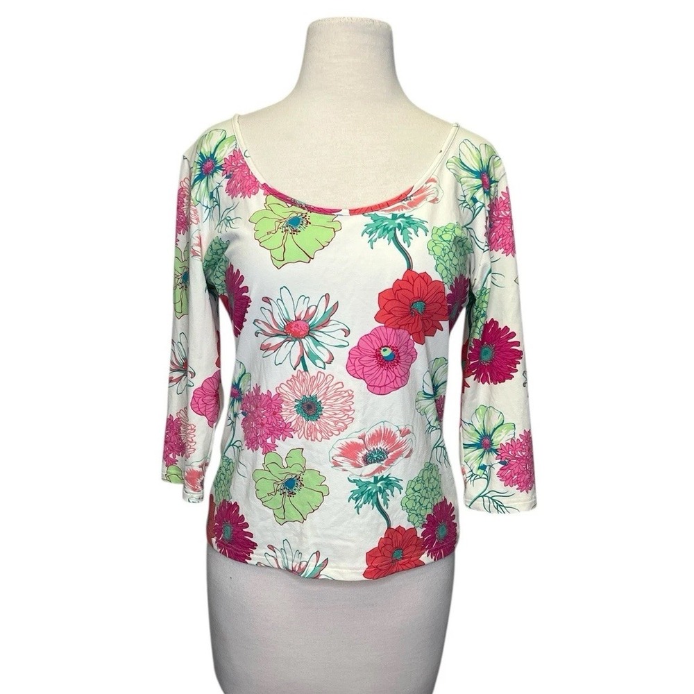 Manuel Canovas Womens 3/4 Sleeve Scoop Neck Floral Top Pink White‎ Green Size 10
